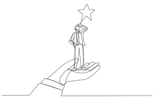 Cartoon of giant hand lifting up a businessman to the stars. Single continuous line art style
