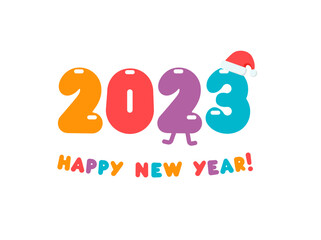 Poster - 2023 numbers in cartoon style, color balloons with Santa hat. Happy New Year event poster, greeting card cover,2023 calendar design, invitation to celebrate New Year and Christmas. Vector illustration