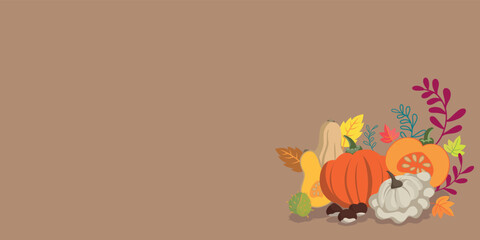 Autumn vegetables and leaves doodle background - flat design banner vibrant colors - floral seasons design