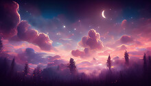 Surreal Dreamy Big Moon Above Forest. Fantasy Backdrop. Concept Art. Realistic Illustration. Video Game Background. Digital Painting. CG Artwork. Scenery Artwork. Serious Painting. Book Illustration
