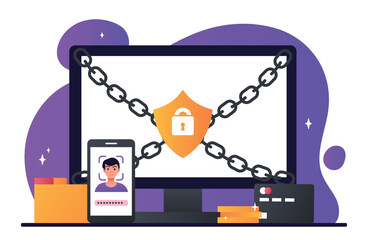 Poster - cyber security concept. computer monitor behind chains. antivirus to protect against hacker attacks 