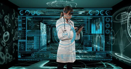 Poster - Animation of financial data processing over businessman wearing vr headsets