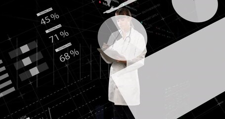 Poster - Animation of financial data processing over female doctor