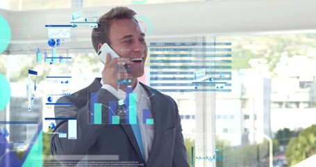 Poster - Animation of network of connections with icons over caucasian schoolboy using microscope