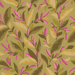 Wall Mural - Floral pattern in pastel colors. Seamless background with pink flowers and leaves on a branch.