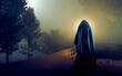 © M.a.u - Spooky figure with hooded cape over dark misty background. 3d render