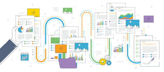 Hands with data sheets in analysis. Contract agreement signature. Business paperwork organization concept in thin line flat vector illustration.