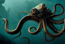 Giant Sea Monster, Terrifying Squid Alien Paintning