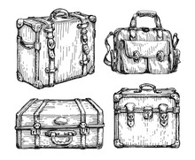 Retro Suitcases And Bags Set. Luggage Sketch, Hand Drawn In Vintage Style. Travel, Journey Concept Vector Illustration