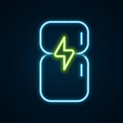 Sticker - Glowing neon line Refrigerator icon isolated on black background. Fridge freezer refrigerator. Household tech and appliances. Colorful outline concept. Vector