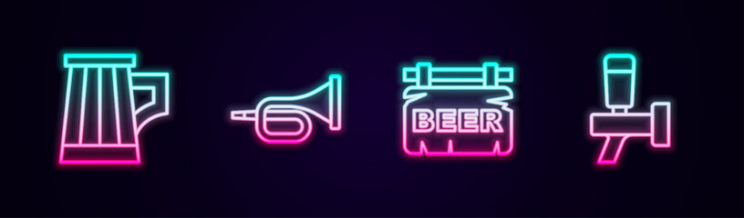 Canvas Print - Set line Wooden beer mug, Trumpet, Street signboard with Beer and tap. Glowing neon icon. Vector