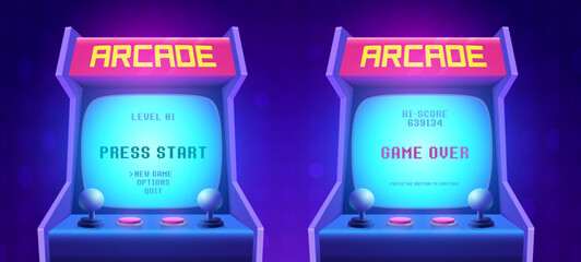 Aufkleber - Arcade game screen. Retro arcade game machine. 80s retro start play and game over interface screen. Video gaming machine. Vector Illustration of play screen game computer