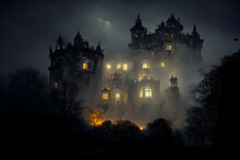 Large Haunted Castle With Many Illuminated Windows At Spooky Misty Dark Halloween Night, Neural Network Generated Art
