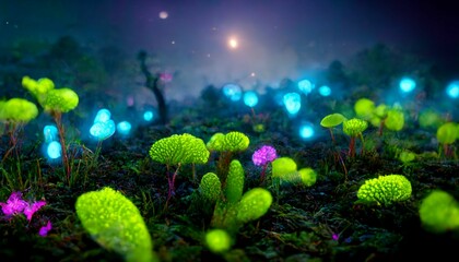 Colorful bioluminescence plants in forest, crystals and glowing path, fireflies, Pandora planet at night, blue and pink glow, epic landscape in background, hazy planet in the sky.