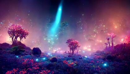 Colorful bioluminescence plants in forest, crystals and glowing path, fireflies, Pandora planet at night, blue and pink glow, epic landscape in background, hazy planet in the sky.