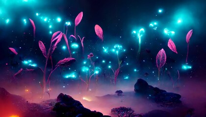 Colorful bioluminescence plants in forest, crystals and glowing path, fireflies, Pandora planet at night, blue and pink glow, epic landscape in background, hazy planet in the sky.