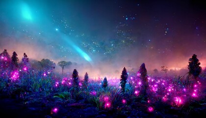 Colorful bioluminescence plants in forest, crystals and glowing path, fireflies, Pandora planet at night, blue and pink glow, epic landscape in background, hazy planet in the sky.