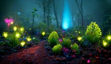 Colorful Bioluminescence Plants In Forest, Crystals And Glowing Path, Fireflies, Pandora Planet At Night, Blue And Pink Glow, Epic Landscape In Background, Hazy Planet In The Sky.