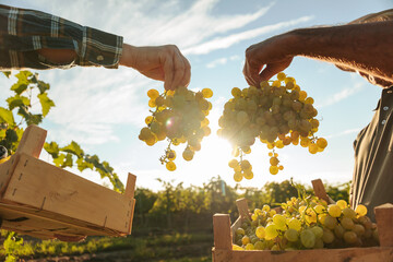 Bottom view unrecognizable hands winemaker farmer hold grapes in the air twist them better view rays of the sun. Action takes place in a vineyard, with sunlight shining through the hanging grapes.