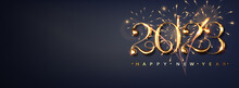 2023 Happy New Year Banner With Flickering Fireworks. Dark Luxury Background With Golden Metallic Numbers Date 2023. Vector Illustration