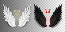 3D White Angel Wings With Golden Nimbus, Halo And Black Devil Wings With Red Daemon Horns Isolated On Transparent Background. Realistic Festival, Carnival Costume. Fantasy, Religion Concept.