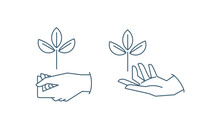 Sustainable Ecologic Environment Concept. Hand Holding Plant. Linear Vector Illustration.