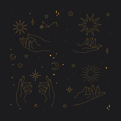 Wall Mural - astrology human hands with stars in boho style. esoteric elements. spirituality and magic symbols.