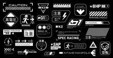 Cyberpunk Motorsport Decals Set. Set Of Vector Stickers And Labels In Futuristic Style. Inscriptions And Symbols, Japanese Hieroglyphs For, Attention, High Voltage, Warning, Spec Racing.	