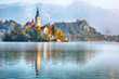 Leinwandbild Motiv Fabulous sunny day view of popular tourist destination  Bled lake.