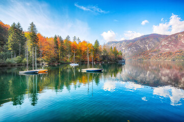 Wall Mural - fabulous view of bohinj lake with boats during autumn .
