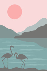 Wall Mural - Horizontal banner with a natural landscape. Silhouettes of flamingos against the background of water, lakes and mountains, a sunny circle. Vector graphics.
