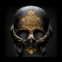 Black skull with gold details, leaves and flowers. Tortuous image. face of death Day of the dead cranes
