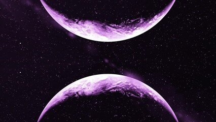 Poster - Abstract two spinning planets in outer space. Motion. Purple twin rotating planets and starry cosmos on the background.