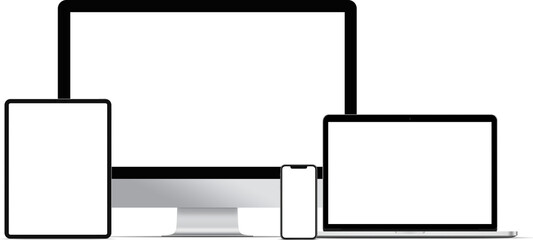 Wall Mural - multiple desktop devices with blank screen for responsive layout mockup