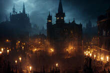 Old Midevil City Of Yharnam At Night With Street Lights