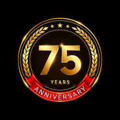 Wall Mural - 75 years anniversary, golden anniversary celebration logotype with red ribbon isolated on black background, vector illustration