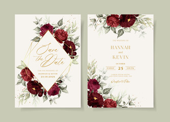 Wall Mural - Beautiful floral wedding invitation template set with red roses and leaves decoration