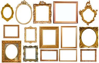 Wall Mural - assortment of golden and silvery art and photo frames isolated on white background