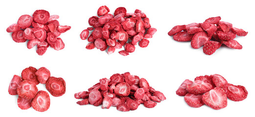 Wall Mural - Set with freeze dried strawberries on white background