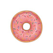 Pyszny donut z różową polewą i kolorową posypką. Smaczny deser z lukrem. Ilustracja słodkiego jedzenia dla piekarni, cukierni, kawiarni, na menu, ulotki, plakat, kartki.