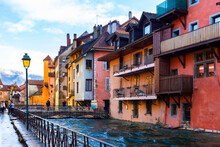 Picturesque View Of Old French Town Of Annecy With Thiou River