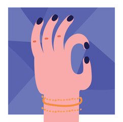 Wall Mural - abstract retro poster. bright square banner with blue background and hand or palm showing ok gesture