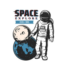 Poster - Astronaut with planets, space explore and galaxy spaceflight vector icon. Galactic travel tours and space research adventure emblem with spaceman in spacesuit of shuttle rocket or spaceship
