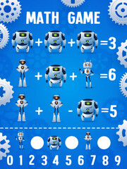 Poster - Math game worksheet of cartoon robots and droids with gears frame. Kids education vector puzzle quiz, counting game with modern bots, math exercises of funny white humanoid cyborgs and robots