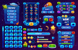 © Vector Tradition - Galaxy space game interface. Ui game buttons, gui elements game asset. Vector user icons, stars and rockets, spacecrafts. Dashboard main menu window, options, progress bar, scales, keys and indicators