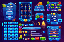Galaxy Space Game Interface. Ui Game Buttons, Gui Elements Game Asset. Vector User Icons, Stars And Rockets, Spacecrafts. Dashboard Main Menu Window, Options, Progress Bar, Scales, Keys And Indicators