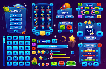 Poster - Galaxy space game interface. Ui game buttons, gui elements game asset. Vector user icons, stars and rockets, spacecrafts. Dashboard main menu window, options, progress bar, scales, keys and indicators