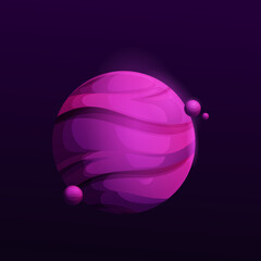 Wall Mural - Dark purple space planet with satellites. Mysterious vector violet cosmic object with stripes on surface. Galaxy striped cartoon globe in universe, ui game fantasy meteor, isolated astronomical sphere