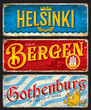 Helsinki, Bergen, Gothenburg city travel stickers and plates, vector tin signs. Finland, Norway and Sweden cities tourism banners, destination luggage tags and travel baggage labels with landmarks