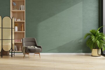 Living room with dark brown armchair on empty dark green wall background.